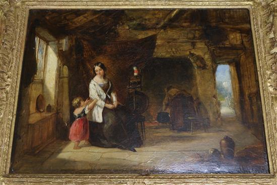 Circle of Frederick Goodall RA, oil, interior scene with a lady spinning and a child, 29 x 39cm